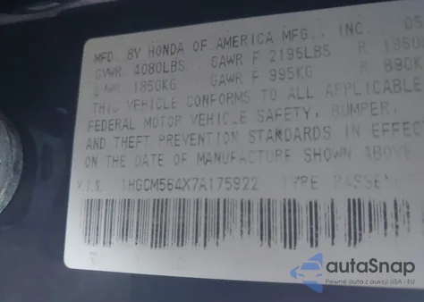2007 Honda Accord 2.4 Lx z USA, uszkodzony, nr VIN 1HGCM564X7A175922
